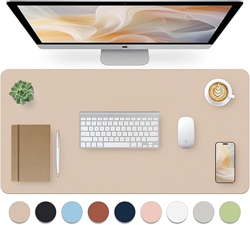 Miniatura 7 de Bloss Tapete de escritorio beige de 23.6 x 13.8 pulgadas, tapete de escritorio grande de cuero, impermeable, tapete de computadora para oficina,