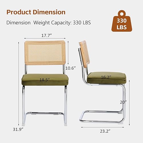 Miniatura 6 de Juego de 2 sillas de comedor de terciopelo con respaldo de ratán, modernas sillas auxiliares tapizadas con base cromada inoxidable sin brazos para