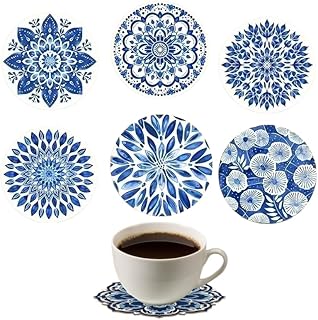 6Pcs Blue and White Mandala Floral Wooden Coasters - Heat Resistant, and Non-Scalding - Suitable for Coffee and Drinks Home and Restaurant Use - Perfect for Christmas, Easter, Hanukkah, Thanksgiving