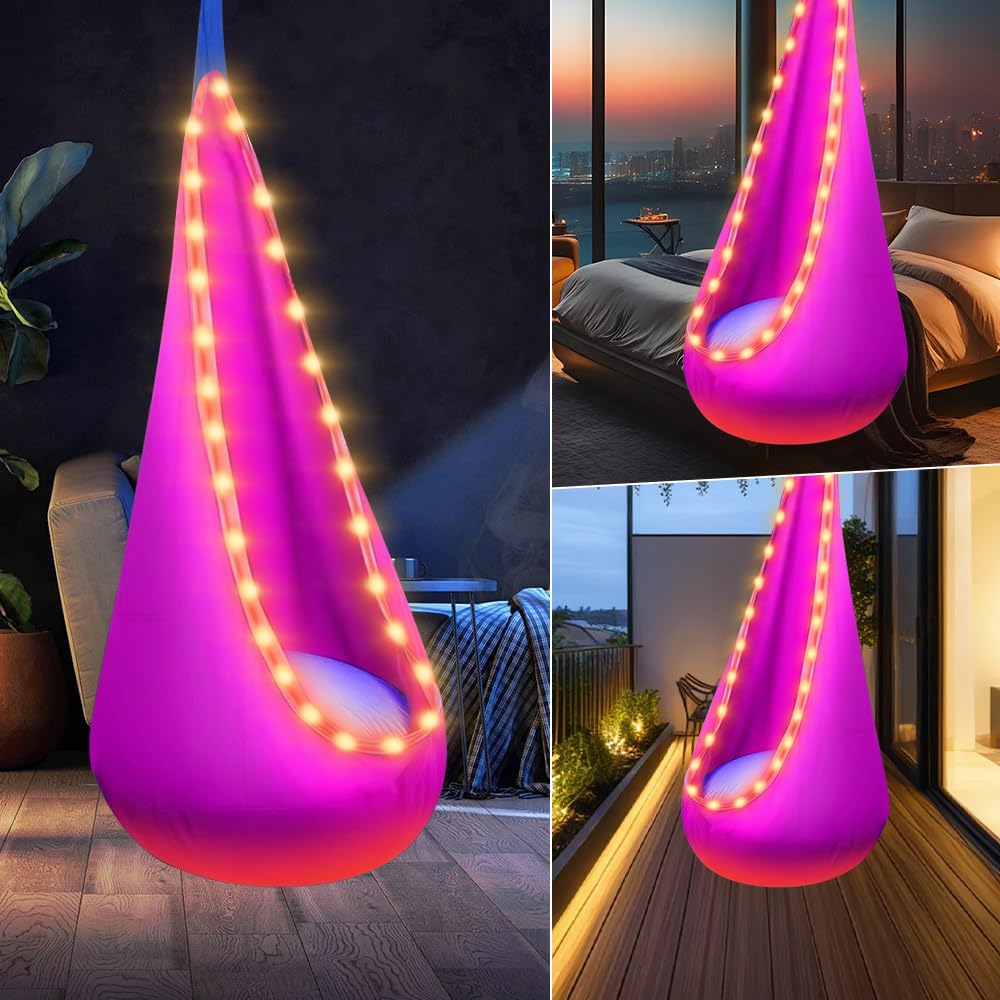 Cueva colgante, asiento de columpio con LED y cojín inflable, asiento colgante con bomba, soporta hasta 80 kg – 70 x 150 cm (rosa)
