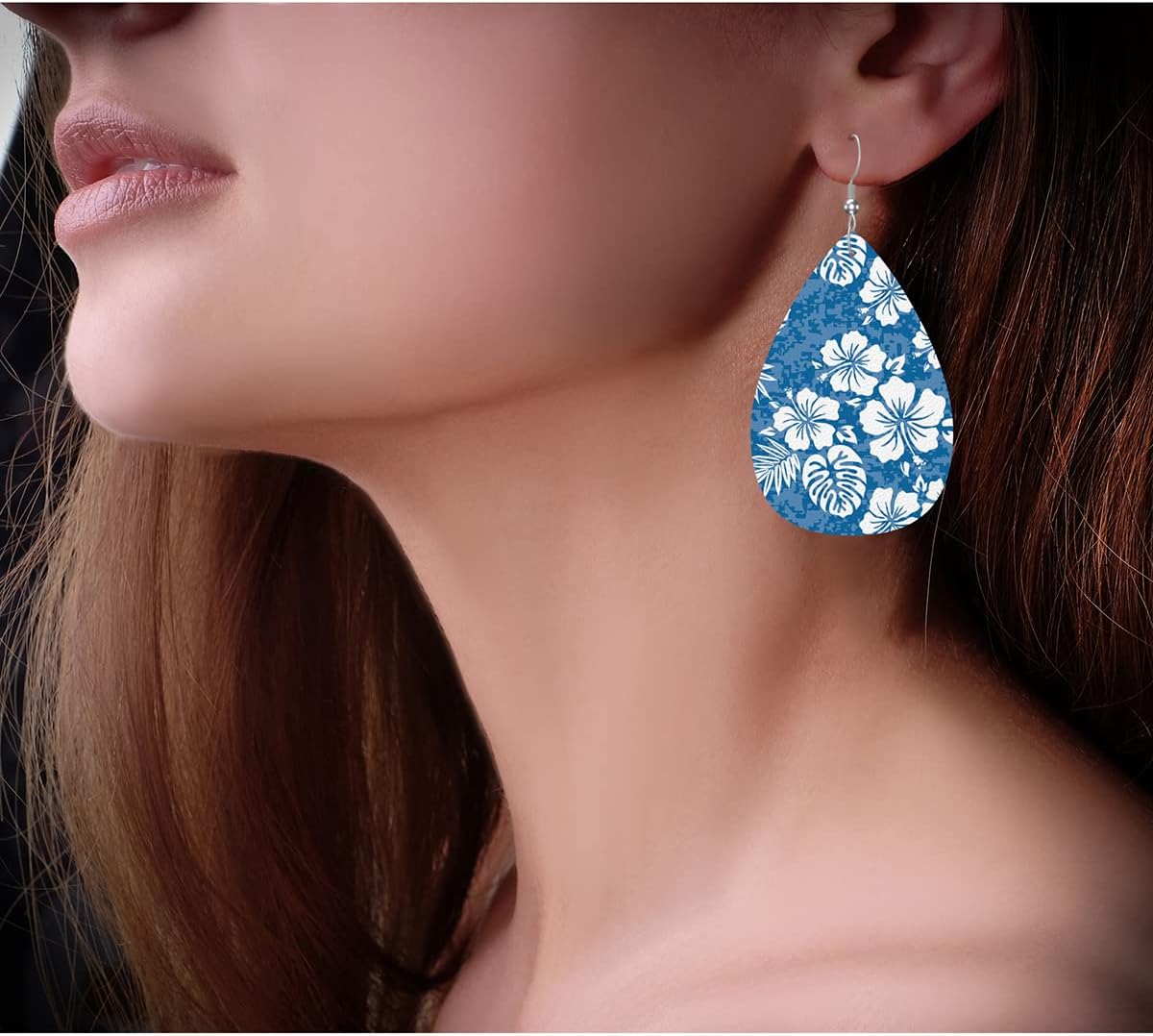Zokola Hawaii Hibiscus Earrings, Tropical Hibiscus Floral Blue Camouflage Leather Earrings For Women Friends, Teardrop Double-Sided Dangle Lightweight Leaf Earrings - Image 5