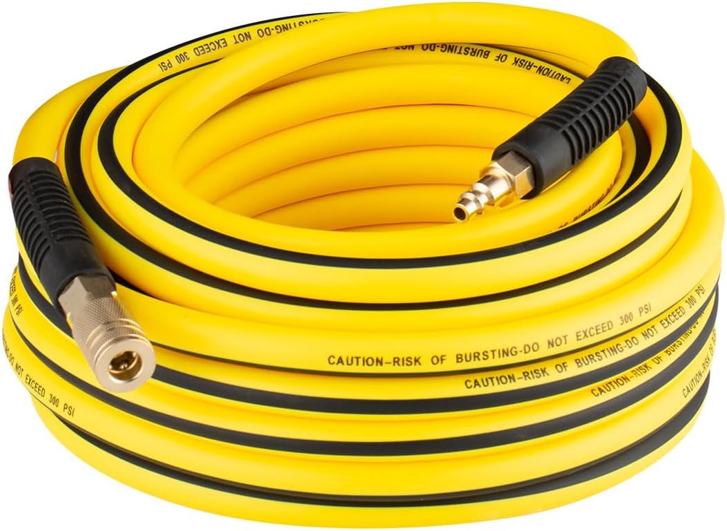 SANFU Hybrid PVC/Rubber 3/8”ID x 100ft, 300PSI Durable, Lightweight, Air Compressor Hose with 1/4” Industrial Brass Coupler and Plug, Bend Restrictors, Orange(100’)