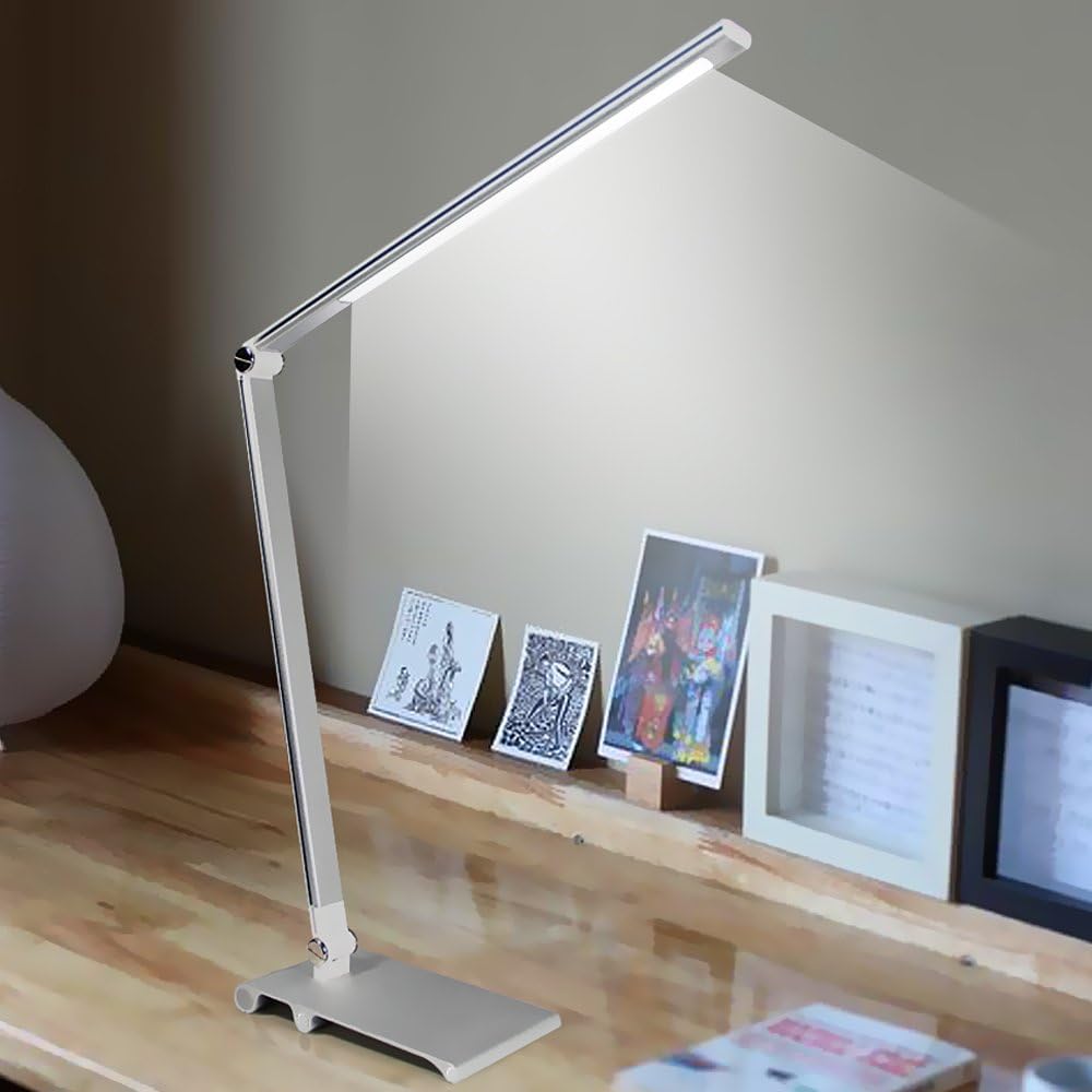 LED Desk Lamp with 3 Lighting Modes(Cold/Natural/Warm),Metal Body 3-Level Adjustable Brightness LED Table Lamp Touch-Sensitive Control Panel 5W Eye-Protective USB Charging (Silver)