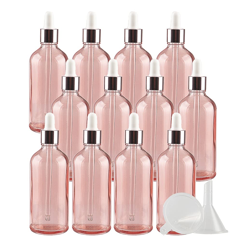 12 Pieces Empty 100ml Transparent Pink Glass Dropper Bottles with Glass Pipettes for Essential Oil Aromatherapy Blends Perfume Aroma Cosmetic Vials Travel Containers