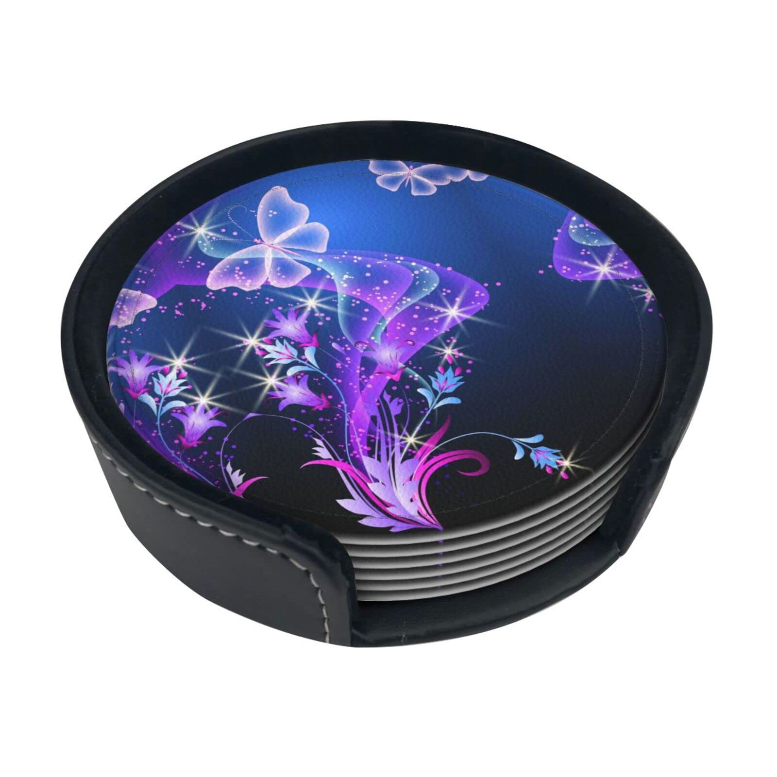Alteko Purple Butterfly Coasters Set Of 6 Print Leather Coasters For Drinks,Home Décor And Housewarming Gift