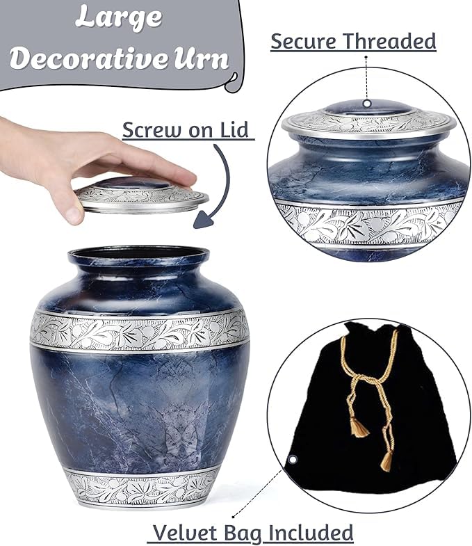 Cremation Urns for Human Ashes, Large Funeral Burial Urn, Beautiful Marble Finish Engraved Urn with Velvet Bag - Image 4
