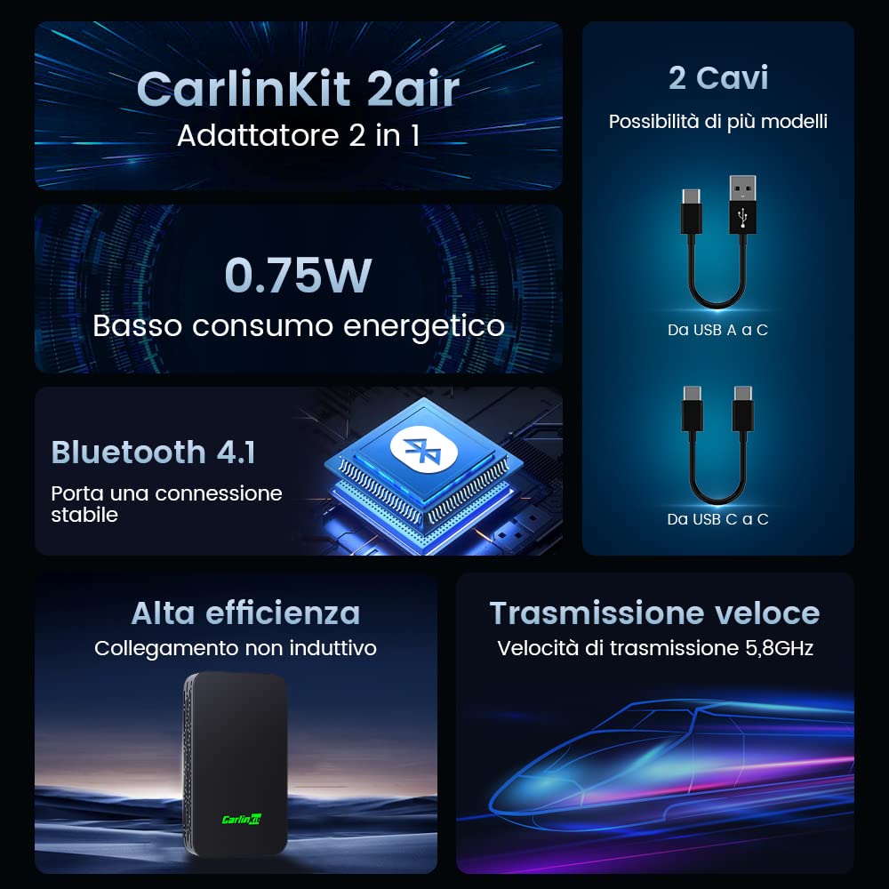 Carlinkit 2026 Nuovo Aggiornamento 5.0 2Air Adattatore, Porta Wireless CarPlay/Android Auto, Plug-and-Play, Connessione Senza Fili