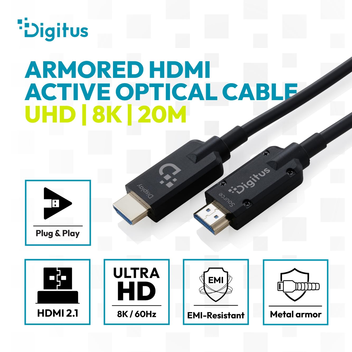 DIGITUS Cable HDMI de fibra óptica – 20 m – UHD 8k 60 Hz, 4k 120 Hz