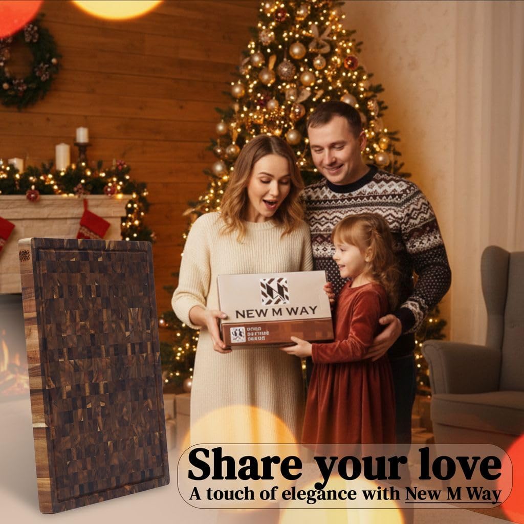 Premium Acacia Wood Cutting Board 20" x 15" x 1.5" | Extra Thick End Grain Butcher Block, Deep Juice Groove & Handles | Non-Toxic, Knife-Friendly Hardwood for Meat Carving & Serving by New M Way