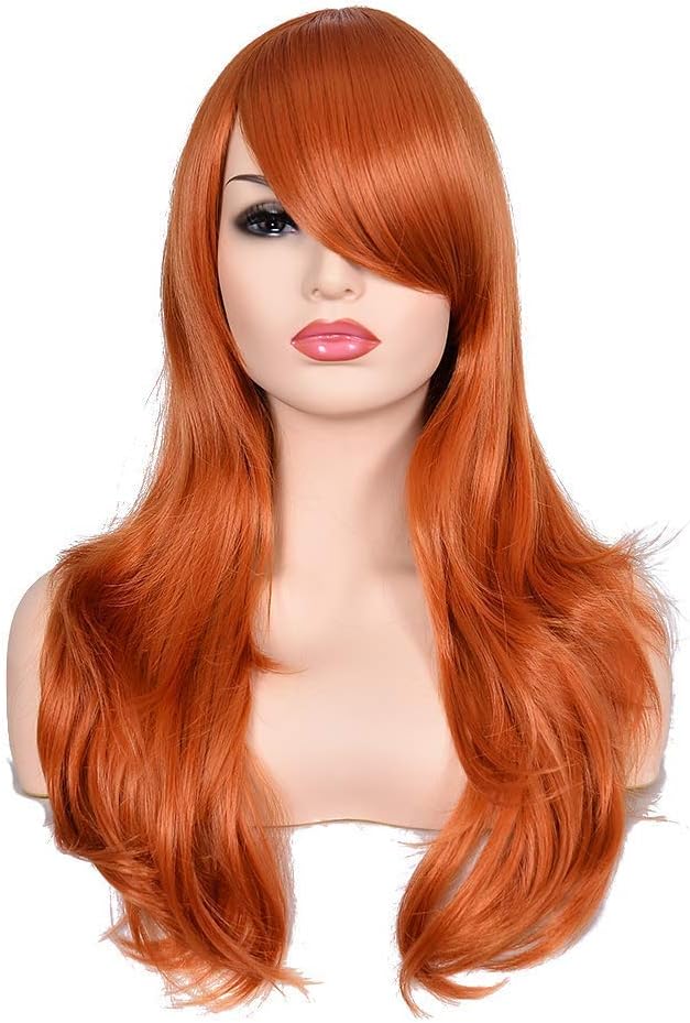 Morvally 60cm Long Curly Wig Big Wavy Heat Resistant Synthetic Straight Hair with Bangs for Cosplay Costume Halloween Party (2735 Ginger Orange)