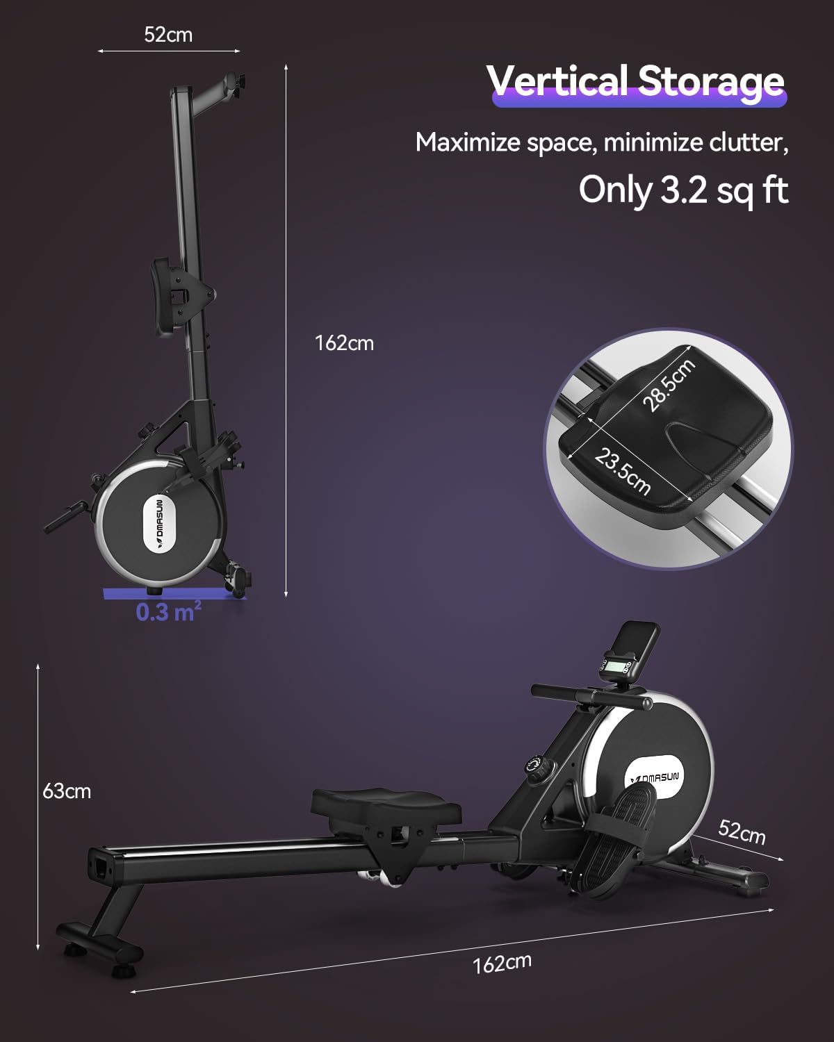 DMASUN Model 106b Magnetic Rowing Machine in vertical storage position, showing its compact footprint and dimensions of 162cm length, 52cm width, and 63cm height when unfolded.