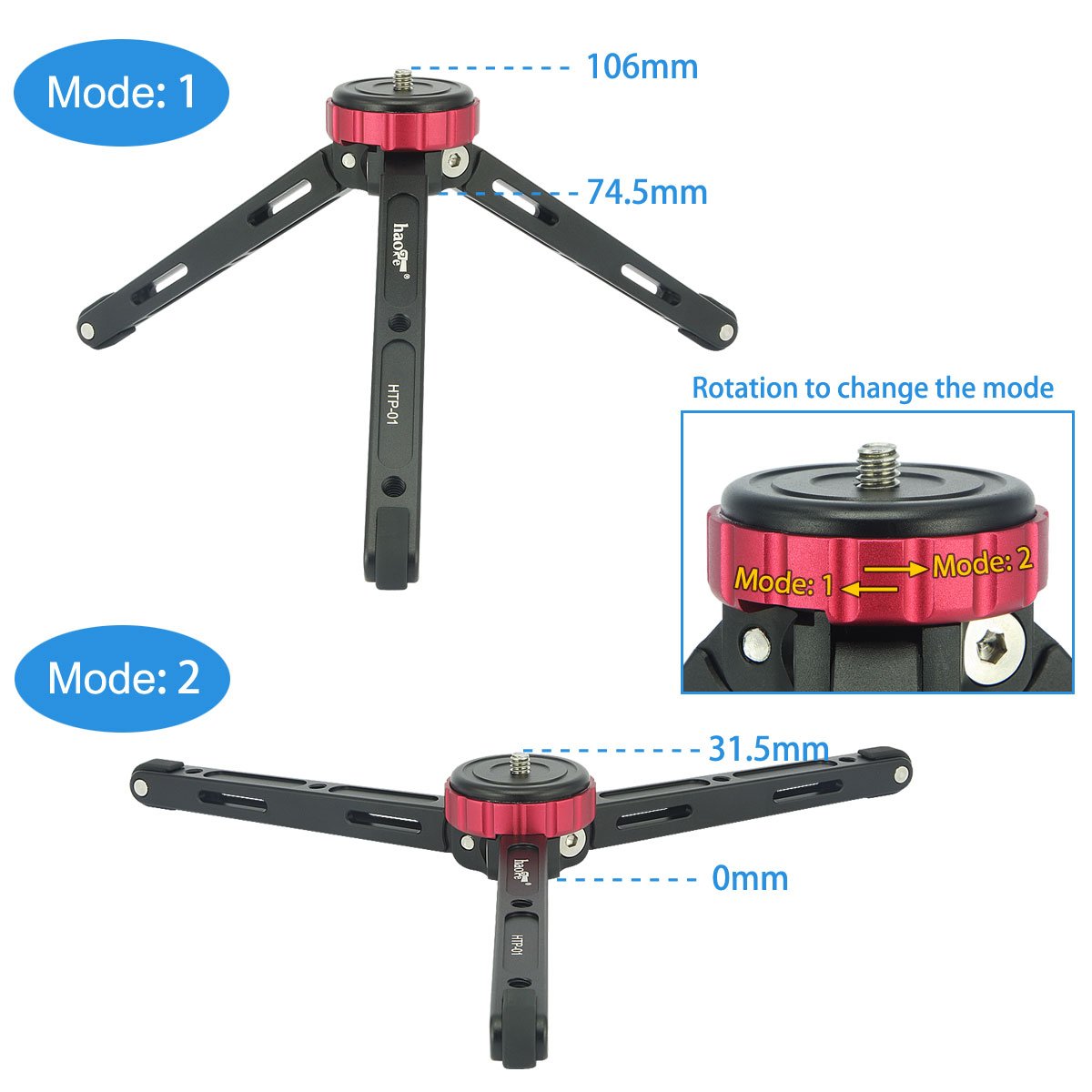 Haoge HTP-01 Tavolo da tavolo Treppiede da tavolo Supporto da tavolo per DSLR Videocamera Digitale Basso Angolo di scatto Macro Fotografia Carico massimo 6.8kg 15lb