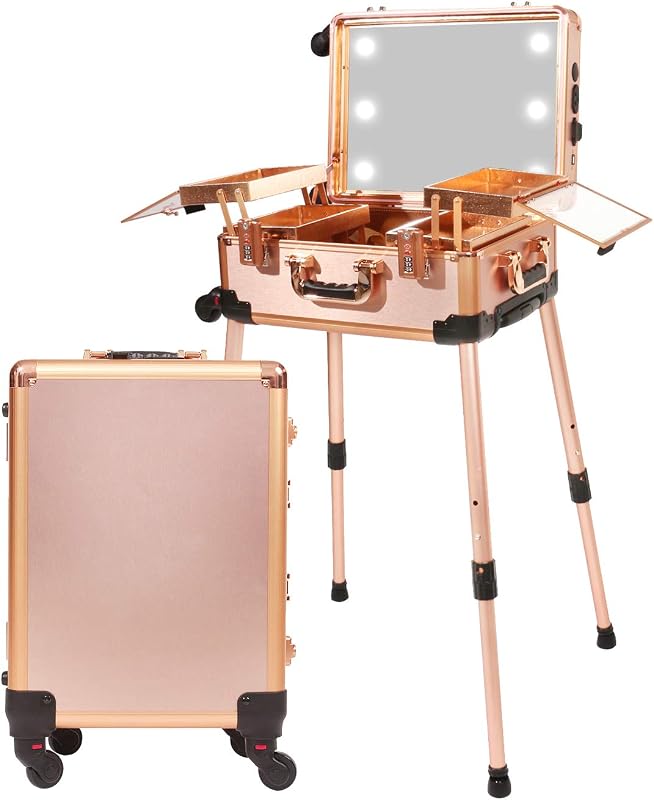 Maleta de maquiagem Jula Vance JV0078 com espelho iluminado, alto-falante, compartimentos, pernas ajustáveis e rodas, rose gold