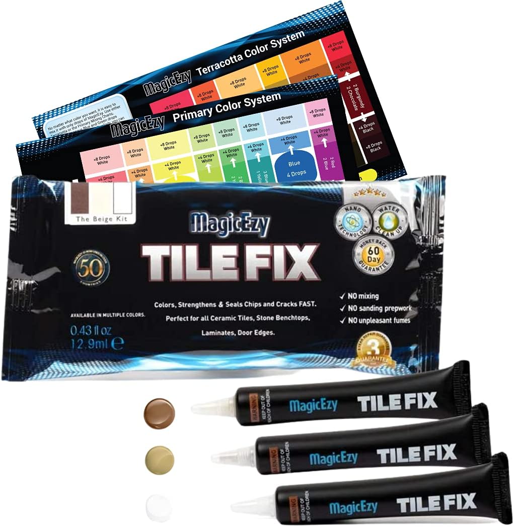 MagicEzy Tile Fix: Ceramic Tile Scratch Repair | Porcelain Crack Repair | Touch Up Tile Filler for Bathroom Floor Tiles (Beige Kit)