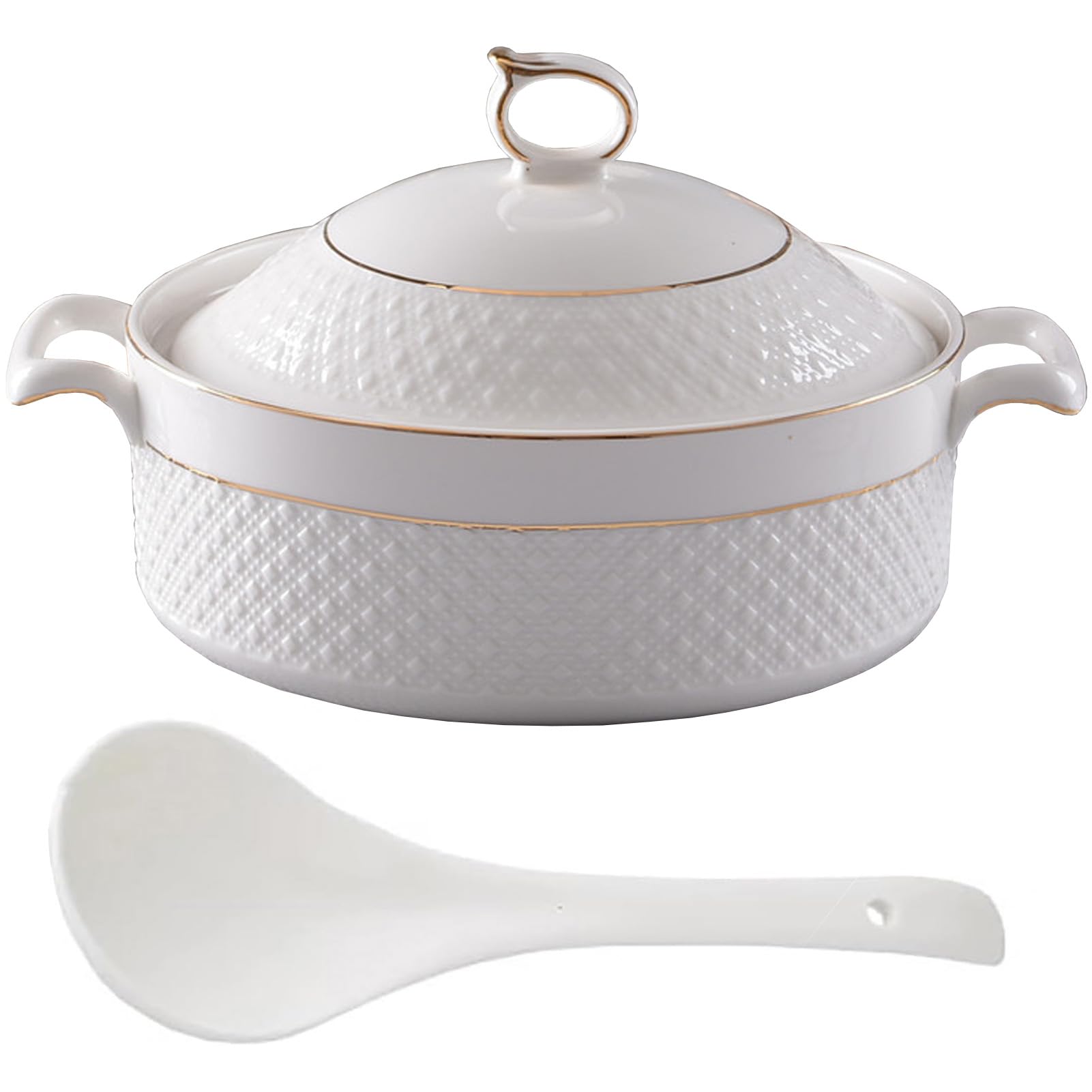 VHJdtE Ceramic stew pots, Small Copper Saucepans Soup Tureen with Lid 2.2L White Round Serving(Gold,1.5L/1.4QT)