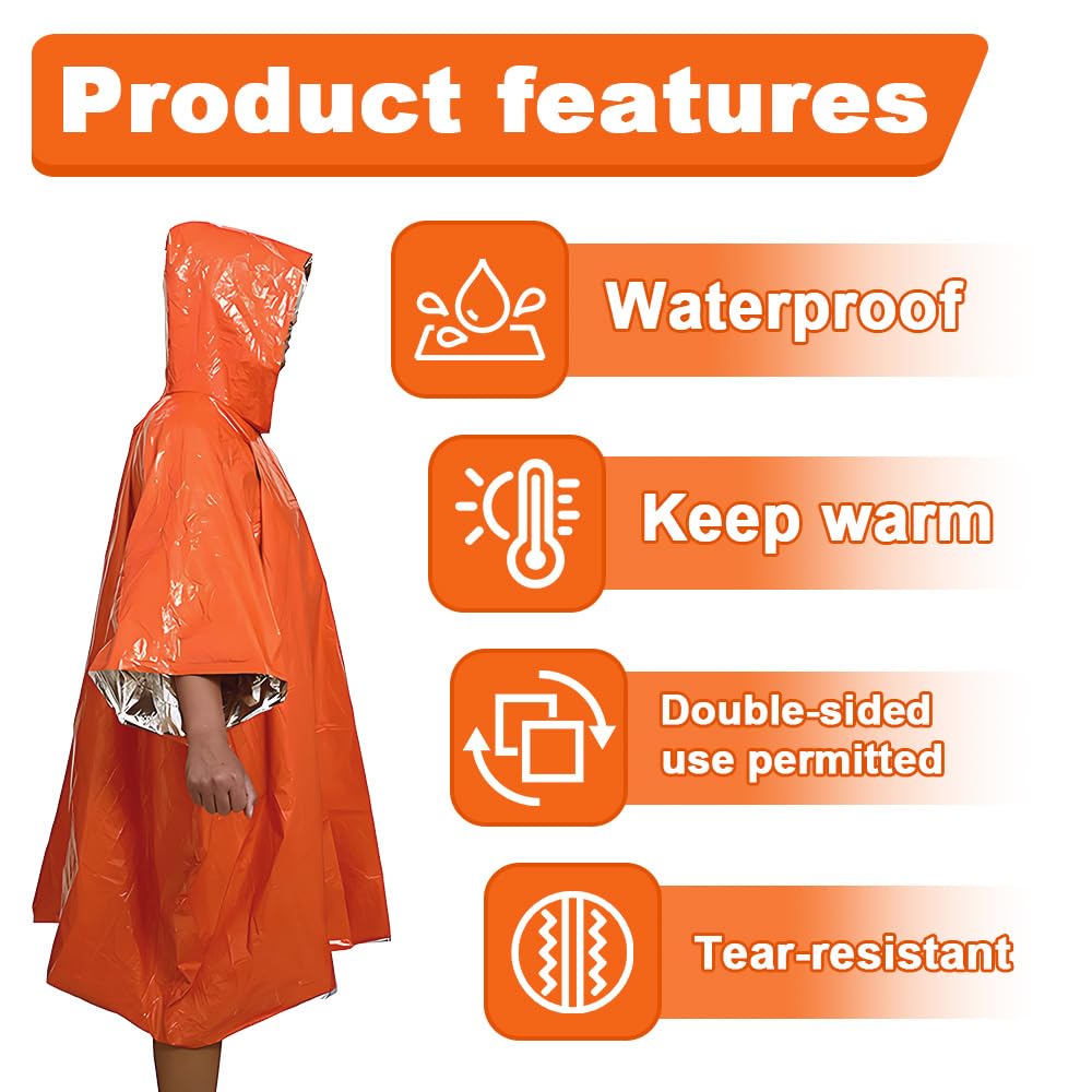 WYAN 4PCS Poncho de Survie d'urgence avec Capuche + 4PCS Couverture Thermique Couverture de Survie Reutilisable - Thermique, Imperméable, Coupe-Vent pour l'extérieur, Randonnée, Premiers Secours
