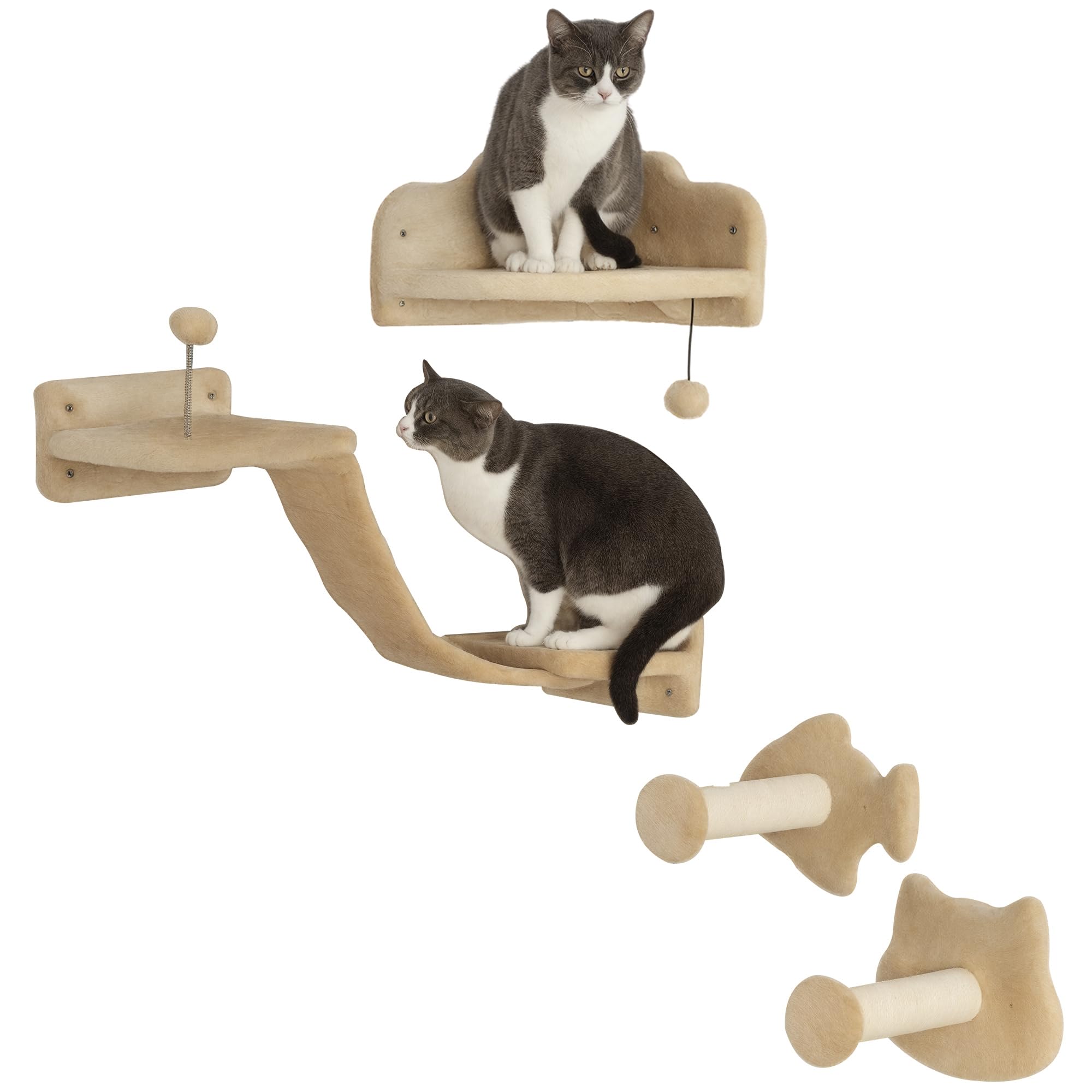 PawHut Étagères murales pour Chat, Ensemble de Meubles muraux, Arbre Parcours Mural Complet 4 pièces avec marches, échelle, Plates-Formes de Saut, griffoirs, Boule de Jouet, Gris