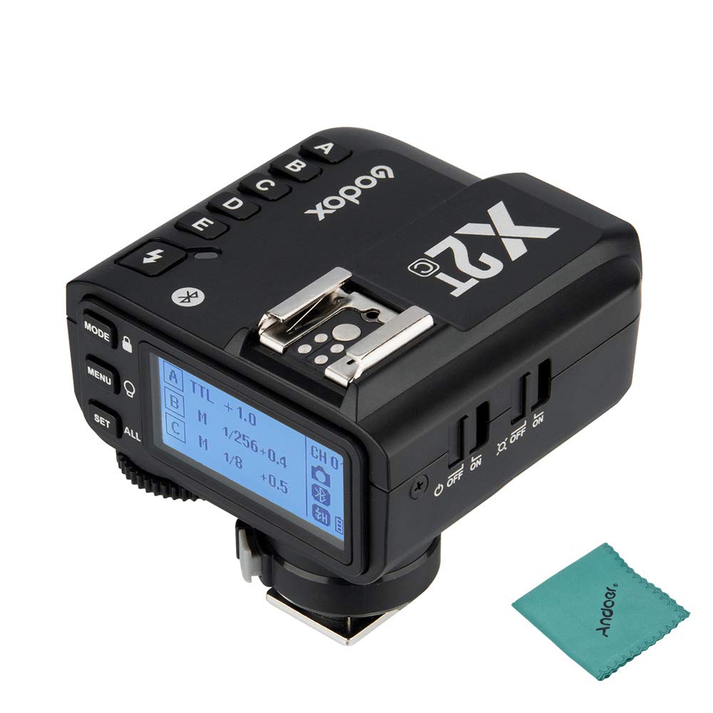 Four-panel image showing different views of the Godox X2T-C trigger, including the top with buttons and LCD screen, side views, and bottom hot shoe.