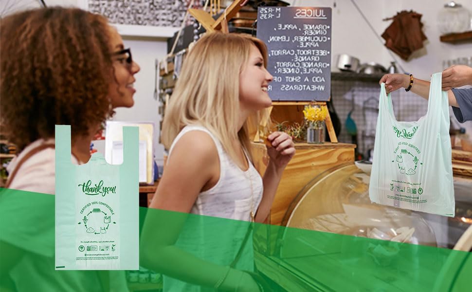 Miniatura 8 de Bolsas de compras compostables certificadas por OrangeBio (tamaño grande), 500 unidades, 12 x 6 x 20 pulgadas (extragruesas), capacidad para 20