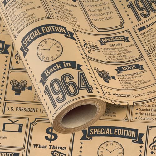 WRAPAHOLIC Kraft 62th Birthday Wrapping Paper for Women Men - Mini Roll - 17 Inch x 16.5 Feet - Back in 1964 Vintage Newspaper Kraft Wrapping Paper for 62 Year Old Birthday, Mom Dad, Anniversary