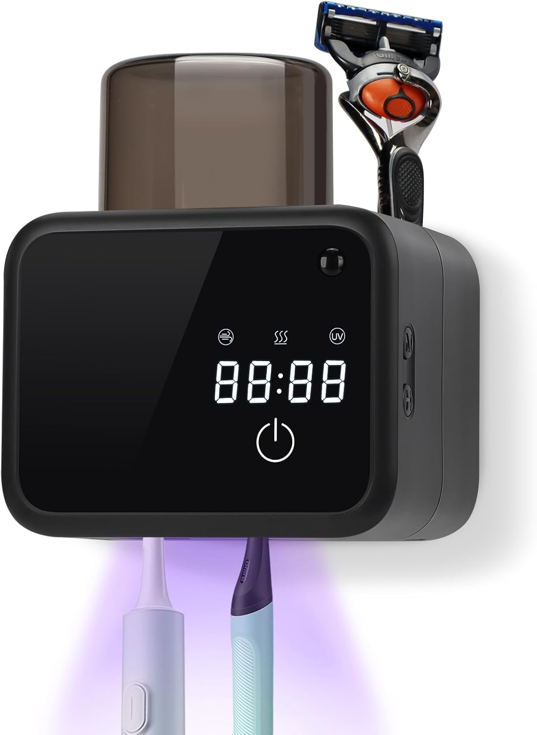 Wall Mounted Toothbrush Cleaning Holder, 2 Slots Toothbrush Cleaner with LED Screen, Timer and Cup, Smart UV Toothbrush Storage with Heating and Fan Drying for Bathroom Organizer & Decor - Black