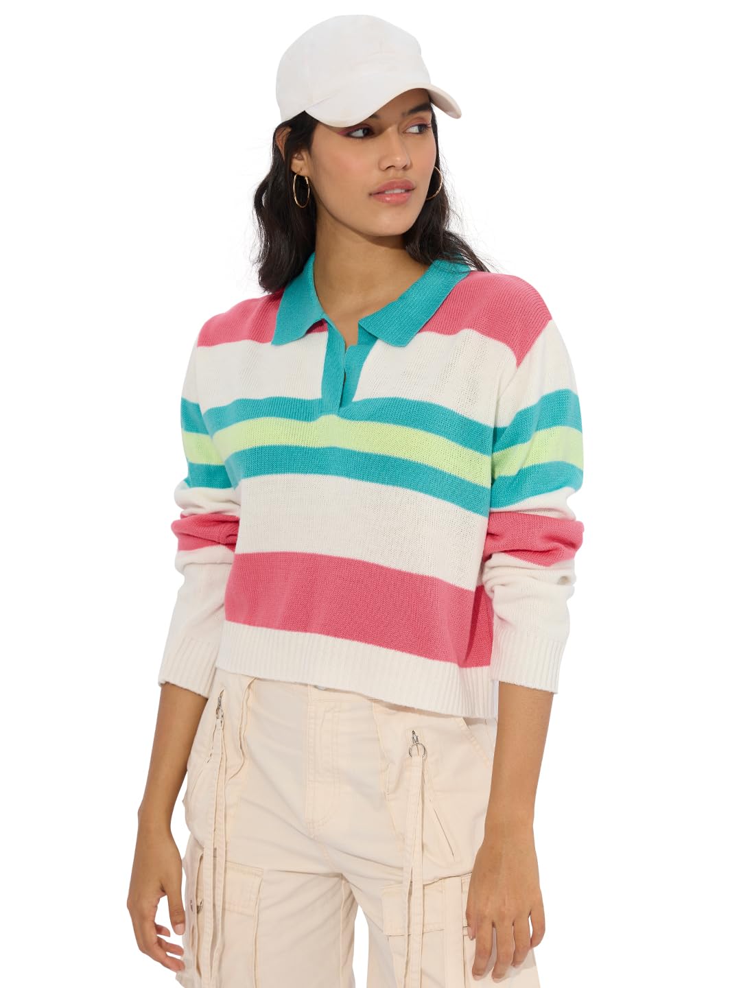 Lemonade Women and Girls Long Sleeves Collared Neck Multicolor Colourblocked Acrylic Oversized Cropped Sweaters