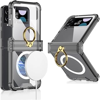 for Samsung Galaxy Z Flip 4 Clear Case with Ring Holder and Hinge Protection,Compatible with Wireless Charger,Slim Fit Transparent Hard PC Shockproof Cover for Samsung Z Flip 4 Black