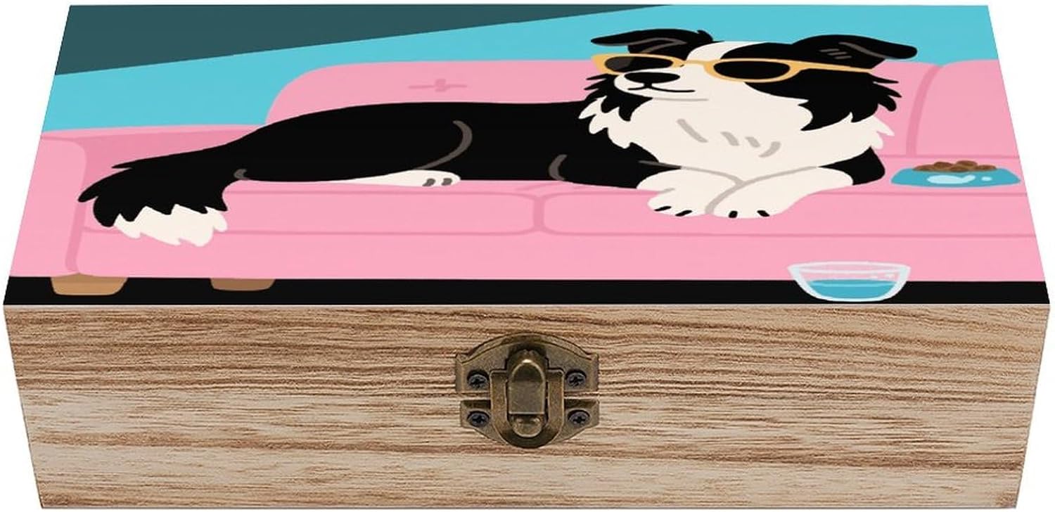 Dogs Funny Pets Wooden Box Sturdy Vintage Storage Box with Hinged Lid Exquisite Wood Keepsake Boxes Large Jewelry Case Cute Trinket Holder Unique Gift for Men & Women