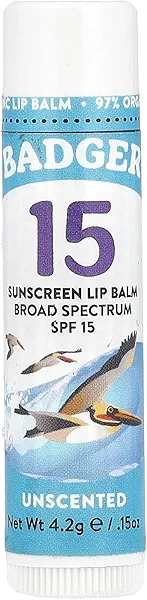 Badger Sunscreen Lip Balm SPF 15, Organic Mineral Sunscreen SPF Lip Balm with Zinc Oxide, Reef Friendly, Broad Spectrum, Water Resistant, Unscented, .15 oz