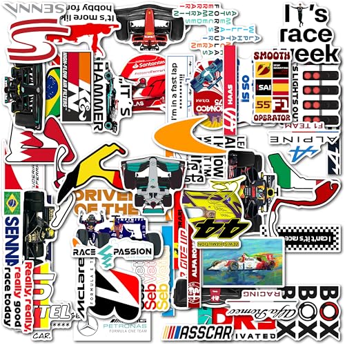 Image of WallDesign Ultimate F1 Racing Sticker Set Collection of 62 - Mobile, Laptop, Accessories, Gifting - Durable, Laminated, Quality Printed Vinyl for True Racing Fans, self-adhesive, 2 inch