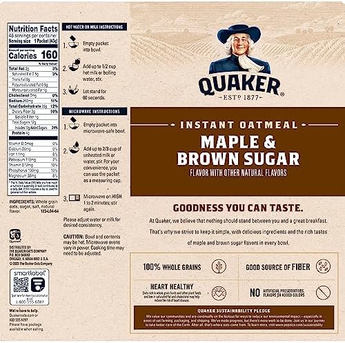 Quaker Instant Oatmeal, Maple & Brown Sugar, Individual Packets, 1.51 Ounce (Pack of 48) - 1