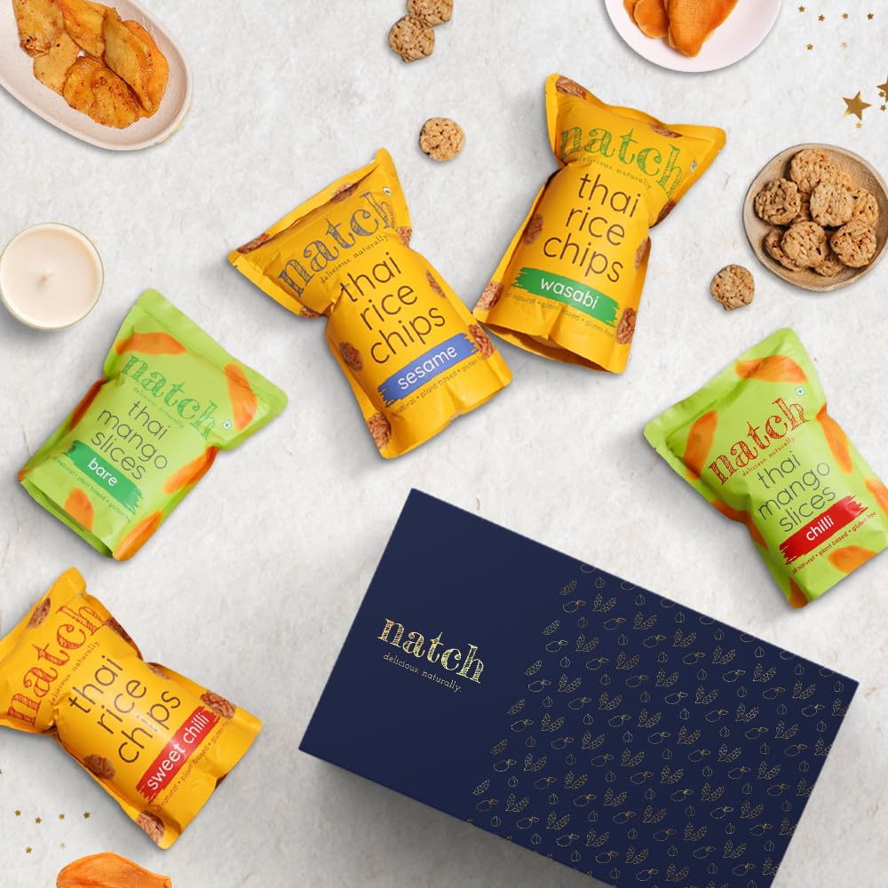 Natch Taste of Thailand Gift Hamper (500g) | Variety Pack of 5 includes– Thai Mango Slices (Bare & Chilli: 150g each) & Thai Rice Chips (Sweet Chilli, Sesame & Wasabi: 100g each) | All Natural, Vegan, Gluten-Free Snacks Box | Healthy snacks for kids & adults