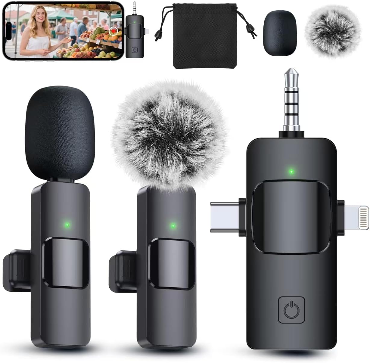 PQRQP 3 in 1 Professional Wireless Lavalier Microphone for iPhone