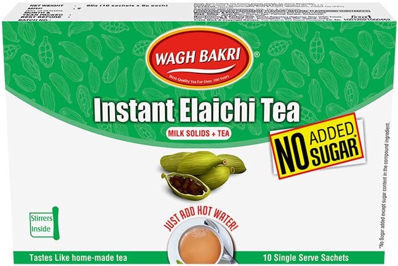 Wagh Bakri Elaichi Instant Tea Premix-No Added Sugar-10 Sachets, 80 Grams (Pack of 2), Black Tea