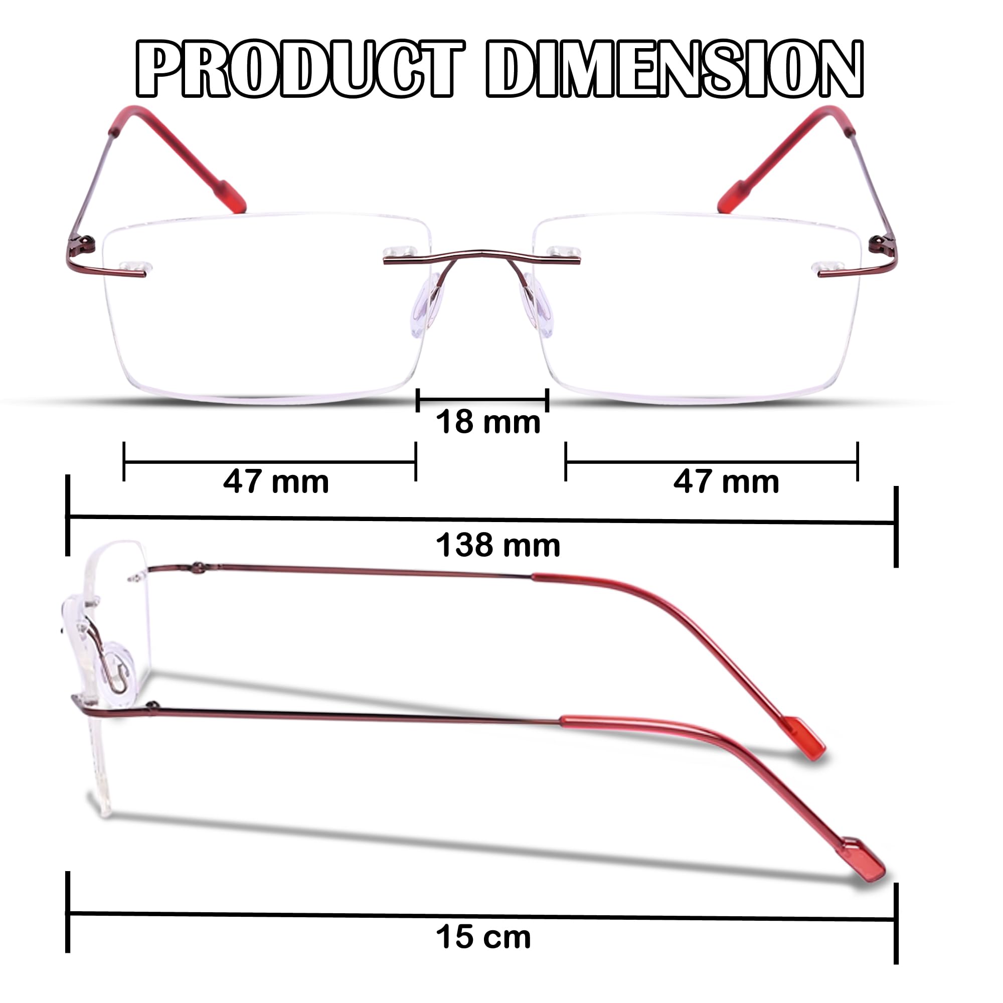 Rimless Rectangle Frame For Men & Women (RED) - Image 2 thumbnail