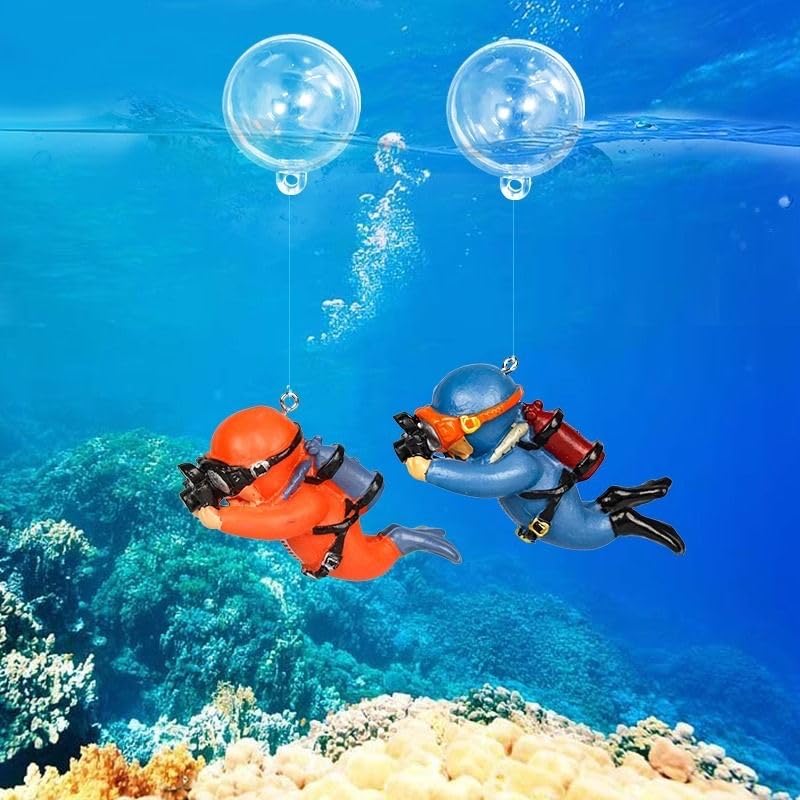 Image of 4 Pack Floating Fish Tank Decorations: Cute Little Diver Aquarium Decoration Cartoon Fish Playmate with Floating Device Fish Tank Accessories
