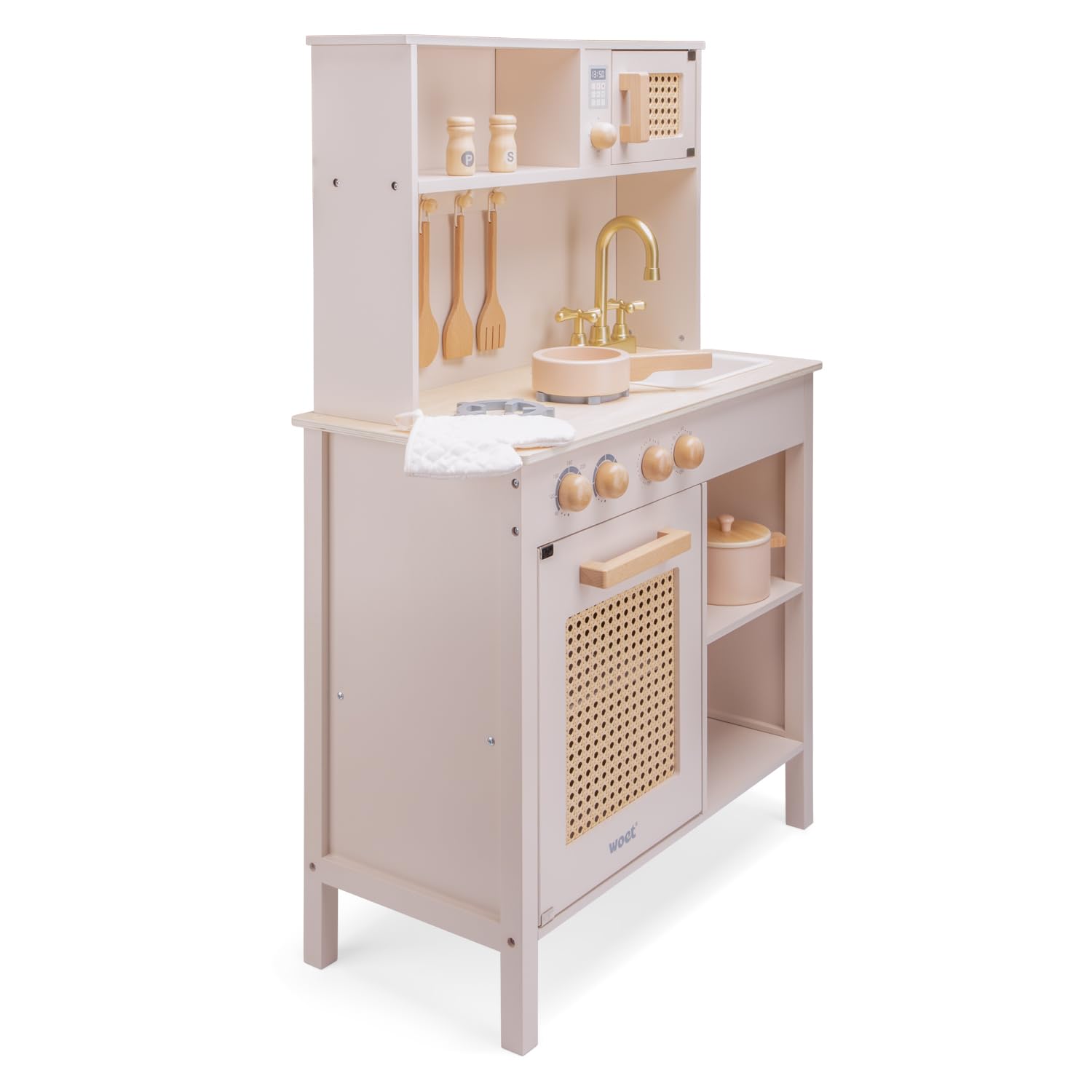 Woet® Cuisine Jouet Rose en Bois pour Enfants - Détails en Rotin et Accessoires - Set d’Imitation - À Partir de 3 Ans