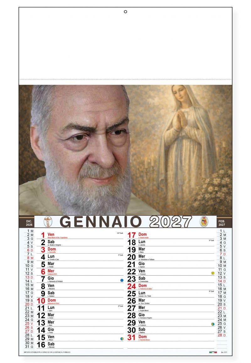 100 Calendari Da Parete 2027 - Calendario trimestrale San Pio - 28,8x47 - personalizzati con logo - Personalizzabile - Collezione 2027-100 pezzi
