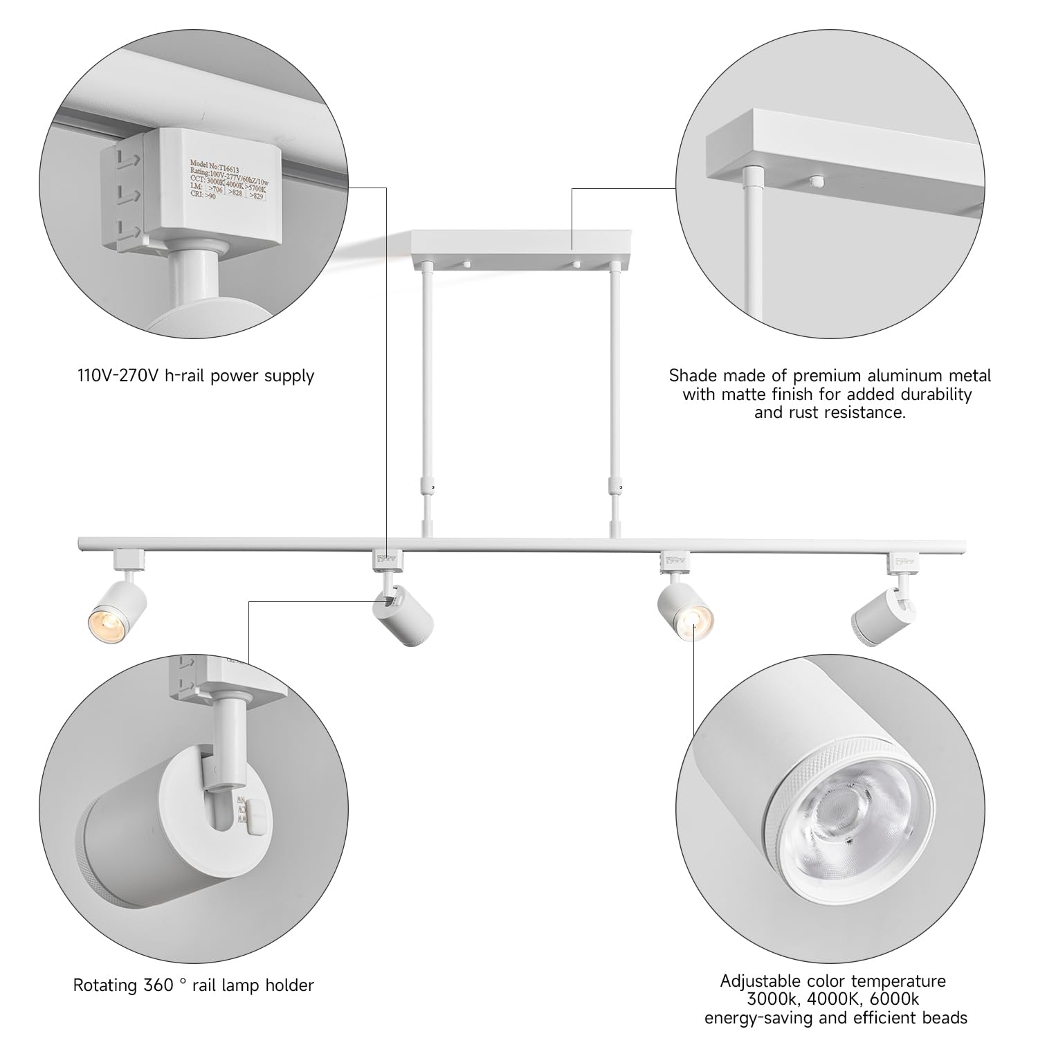 Kit de iluminación LED de 4 luces de pista de luz, luz blanca de 4 vías, cabeza de luz giratoria flexible, luz de pista para cocina, baño, artículos esenciales para el hogar, luz de techo, recámara,