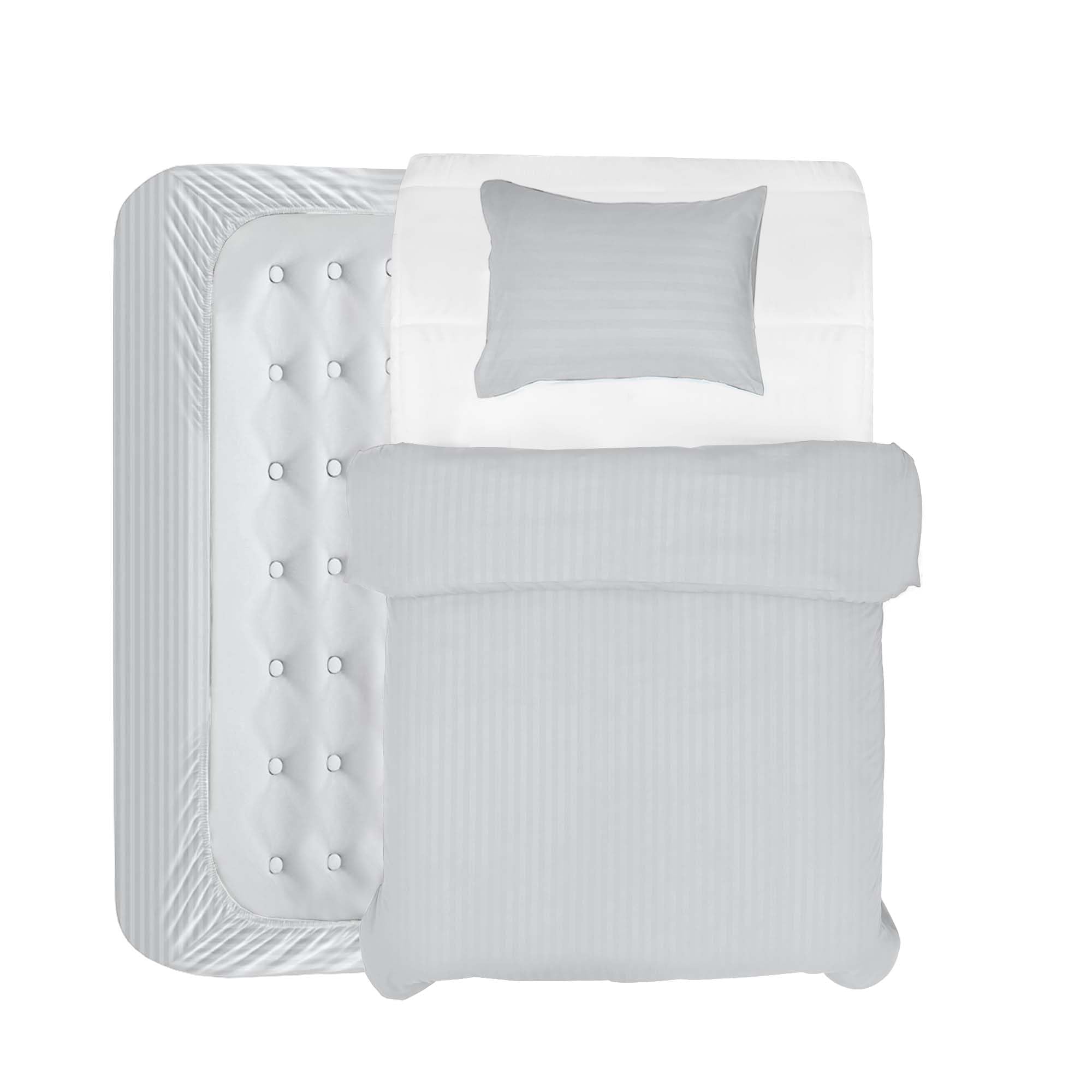 BedLooms 3 Piece Single Duvet Cover Set - Duvet Cover and Fitted Sheet with Pillow case - Satin Stripes Soft Brushed Microfiber (White)