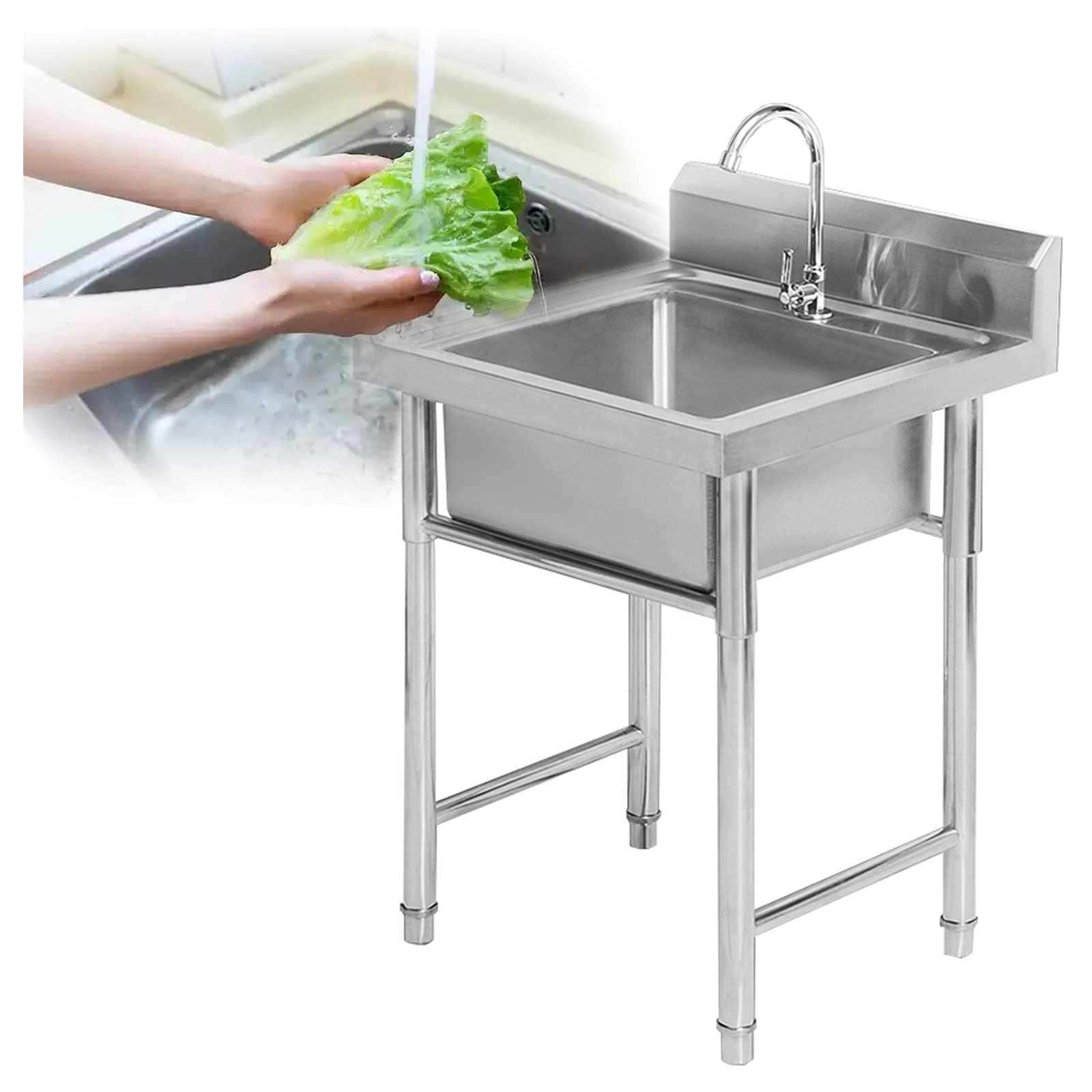 ZQFHSX Commercial Sink Single Wash Bowl Freestanding Kitchen 304 Stainless Steel Utility with Faucet for Outdoor Garden Restaurants,Laundry, Garage,50cm