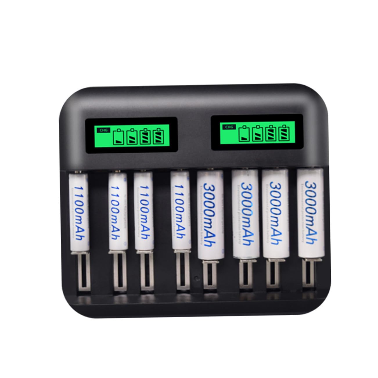 Chargeur de Piles AA AAA C USB Intelligent Emplacements avec Écran LCD Protection Multiple Circuit et Surcharge Charge pour Batteries Rechargeables Nimh Nicd