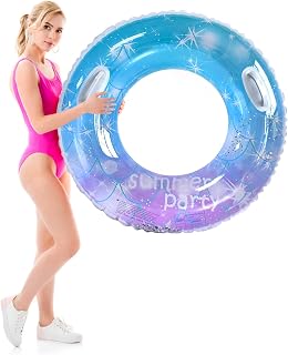 Transparent Floating Ring Rainbow Sequins Swim Ring Swimming Ring Adults with Safy Handle Durable Inflatable Pool Floats Swimming Rings for Summer Pool Party 90cm