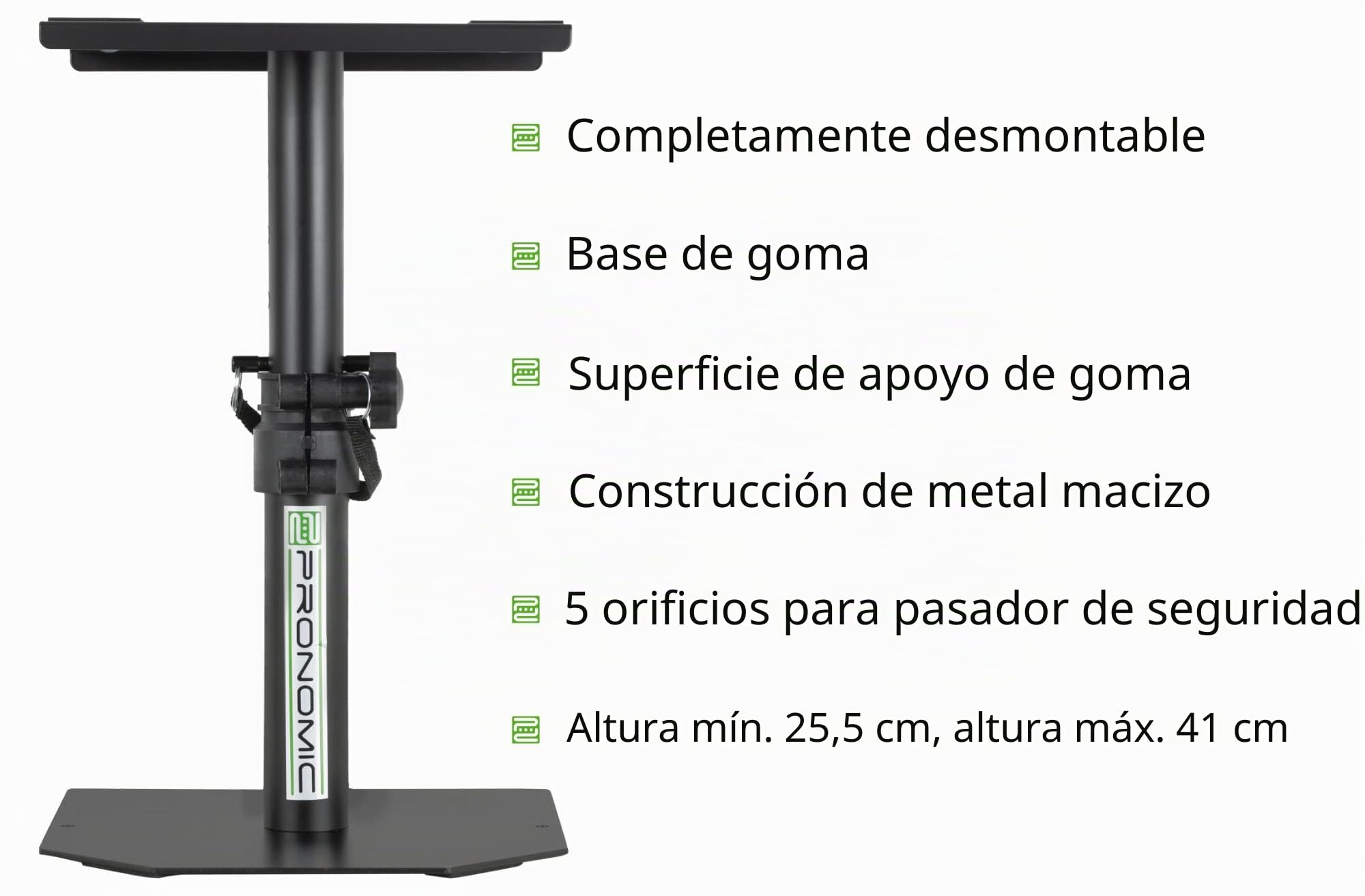 Pronomic SLS-36P BK Soportes de Mesa para Monitores de Estudio - Soporte Estable y Robusto, Ajustable 25,5-41 cm, con Superficie de Tiras de Cierre de Contacto - Negro.