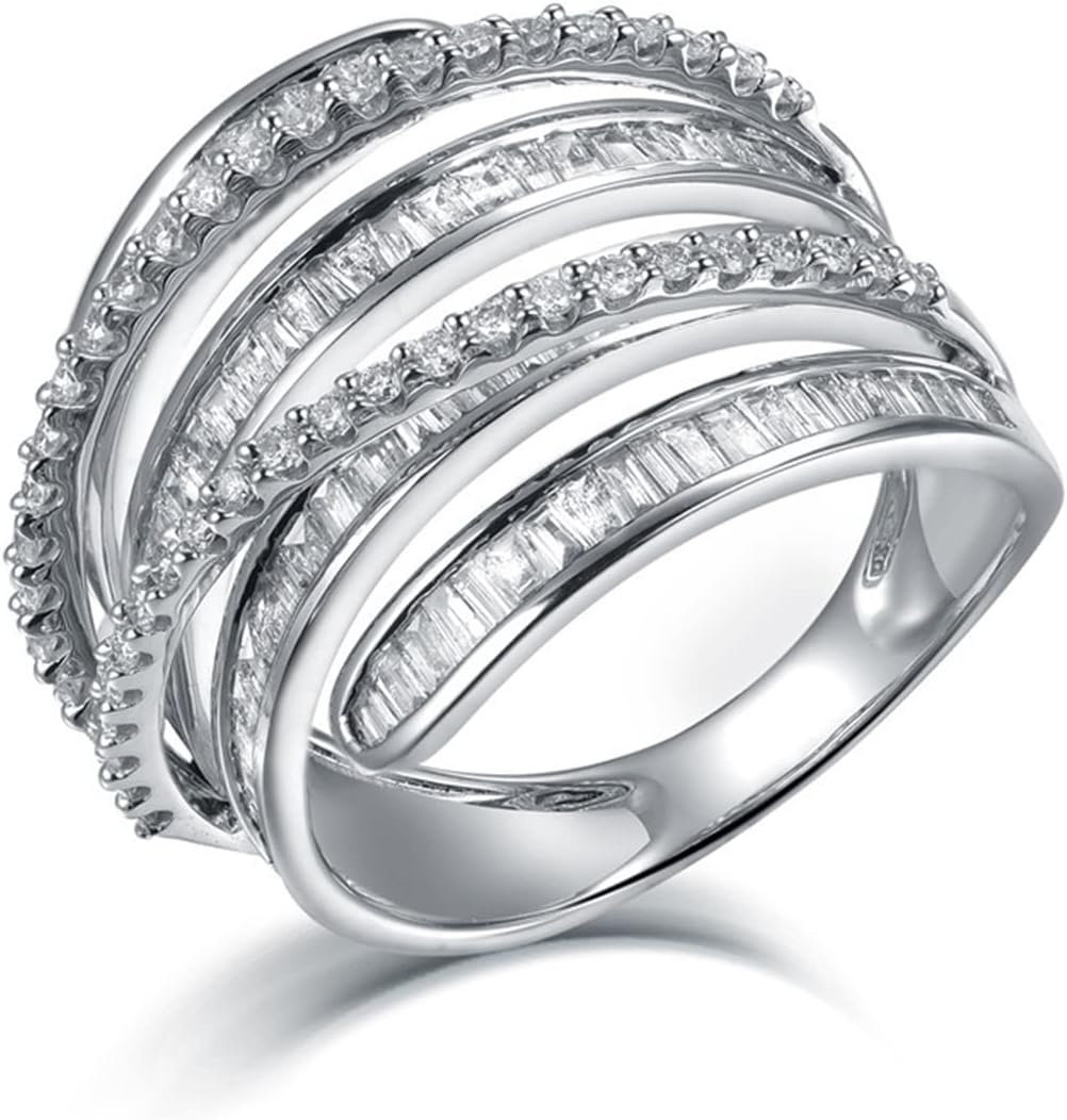 Friendship Rings, Ring Women White Round Baguette Diamond 18K White Gold Hollow Carved Design Wedding Ring for Women