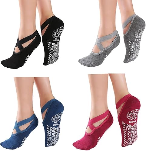 Miniatura 5 de JFang - 4 pares de calcetines de yoga para mujer, antideslizantes, con correas, calcetines de ballet para yoga, pilates, ballet, baile de barre