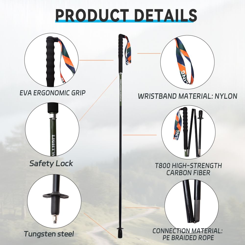 Bastones de senderismo plegables de fibra de carbono ultraligeros – Juego de 2 con mango antihumedad y funda – Ideal para senderismo, montaña y camino