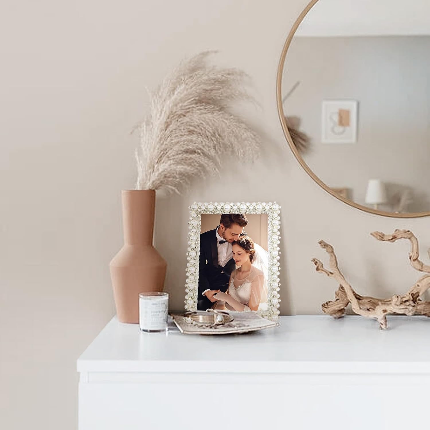 DIKAR 5x7 picture frame with Pearls for Wedding Gifts, Wedding Picture Frame for Tabletop&Wall Mounting Display