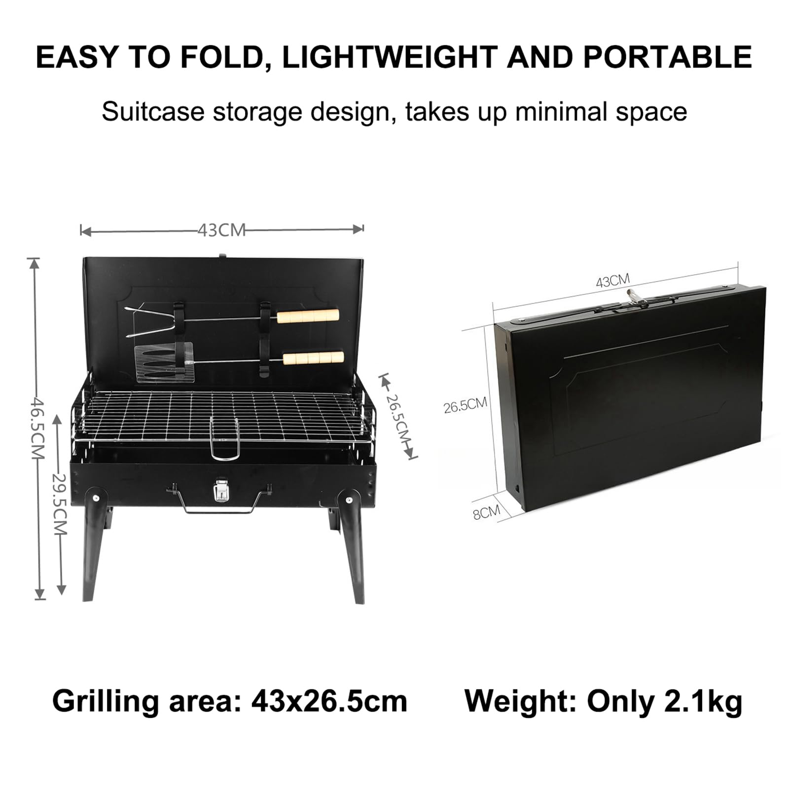 Barbacoa de carbón plegable con diseño tipo maleta, pequeña barbacoa de mesa portátil con parrilla y accesorios, barbacoa compacta de acero inoxidable para el hogar, el camping y los picnics