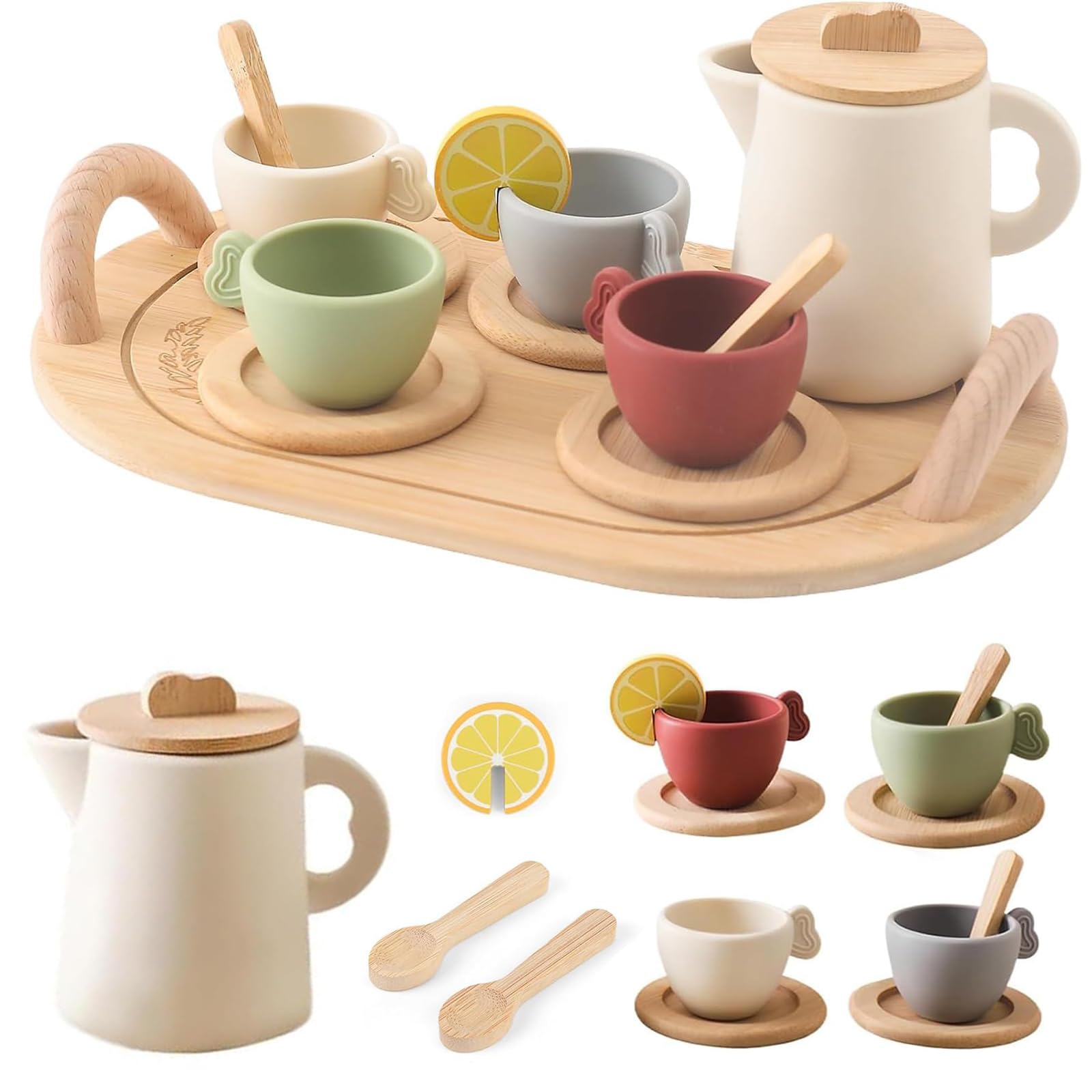 Wooden Afternoon Tea Set for KLittle Girls and Boys, Kids Play Kitchen Accessories Toy with Teapot Cups Carrying Tray Scoop, Pretend Play Wooden Toys for Girls Boys Gifts (13 pcs)